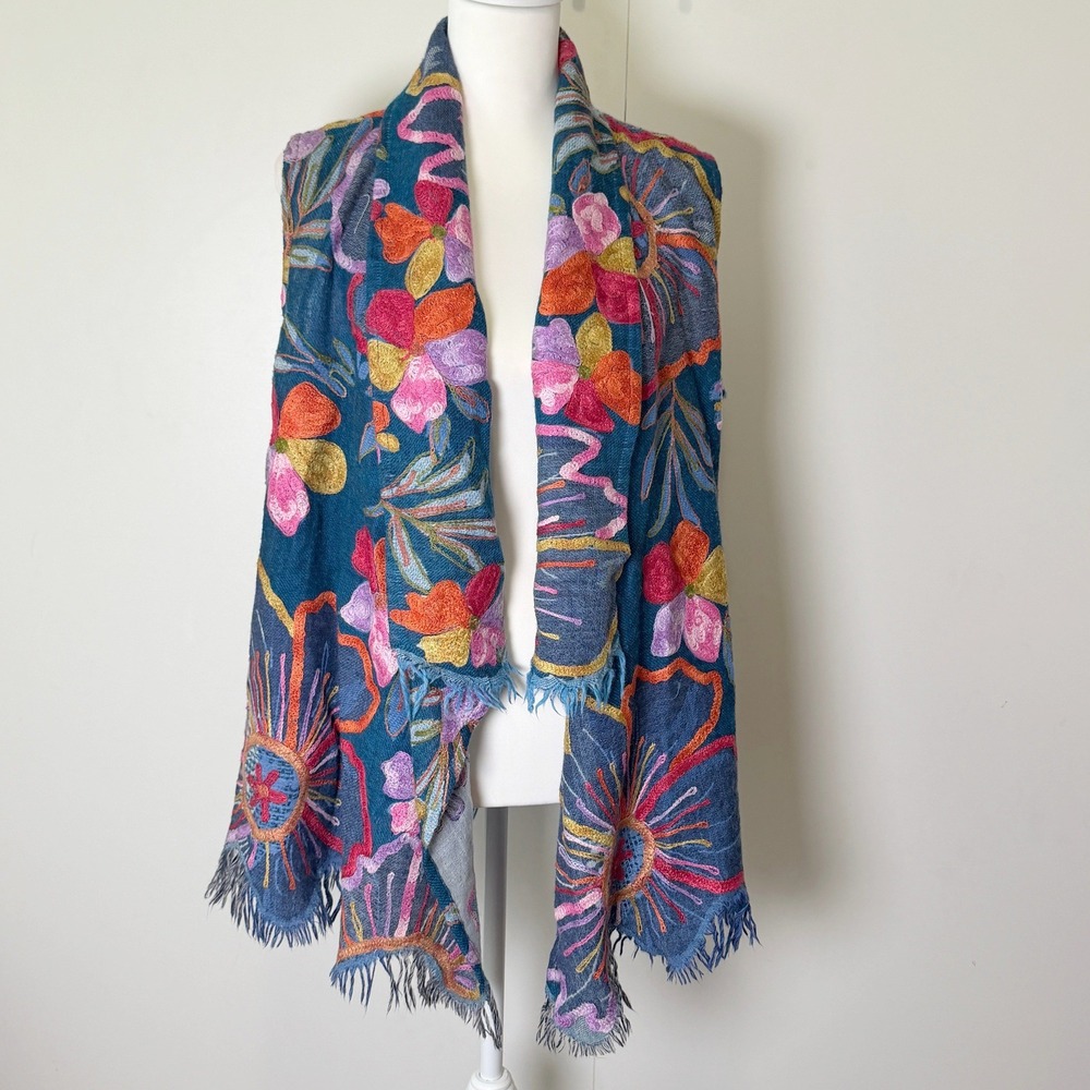 Boho Festival Floral Embroidered Vest Women One Size Blue Lagenlook Artsy